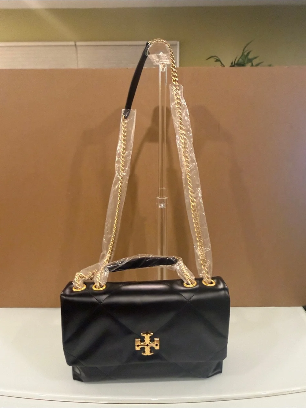 Tory Burch Black Quilted Leather Shoulder Bag with Gold Logo Chain